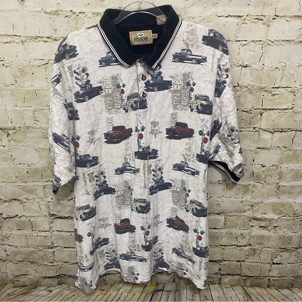 Redhead Beige Blue Old Classic Trucks Cotton Polo Shirt